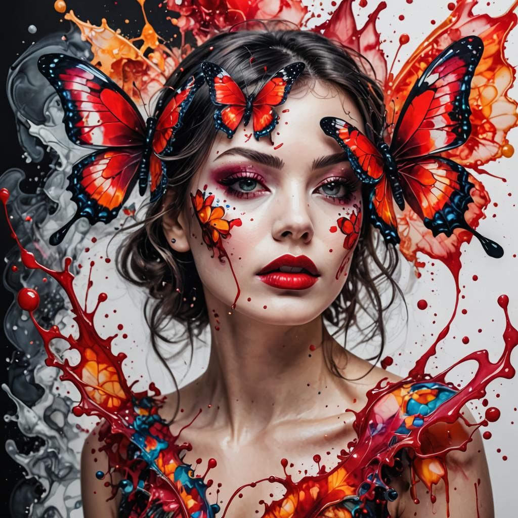 Psychedelic Butterfly Ink Art with Red Lips