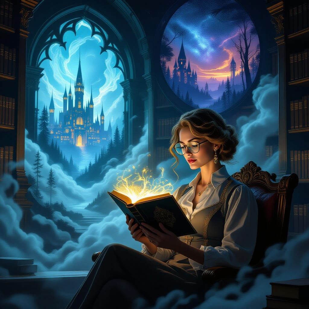 Elegant Woman Reads Glowing Book in Shadowy Library