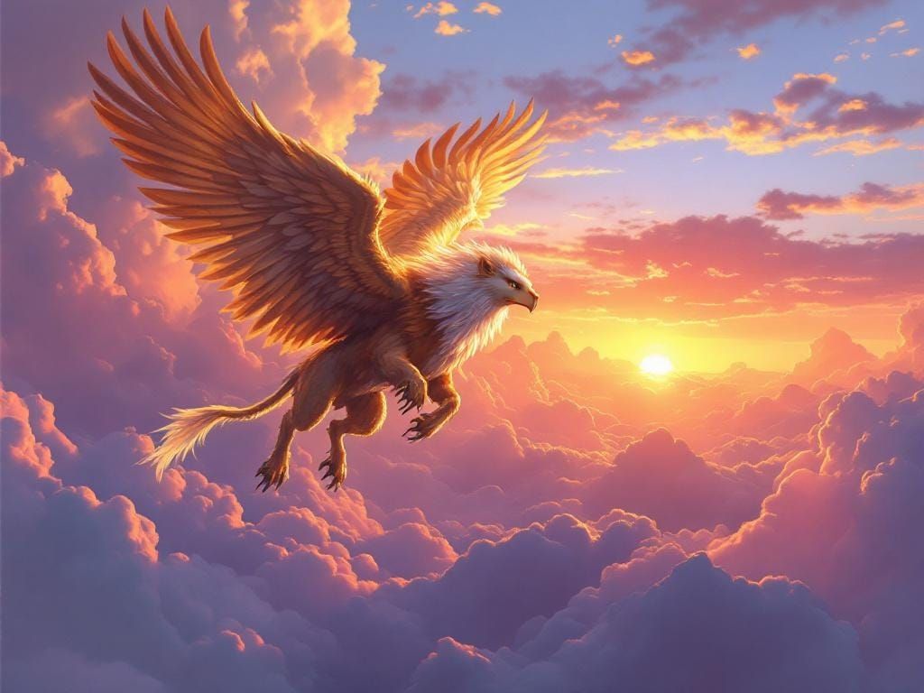 Griffin Soaring Through Clouds at Sunset
