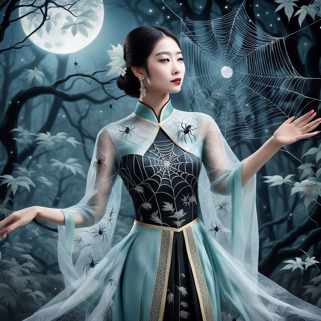 Surreal Spider Woman Weaving Webs in Forest