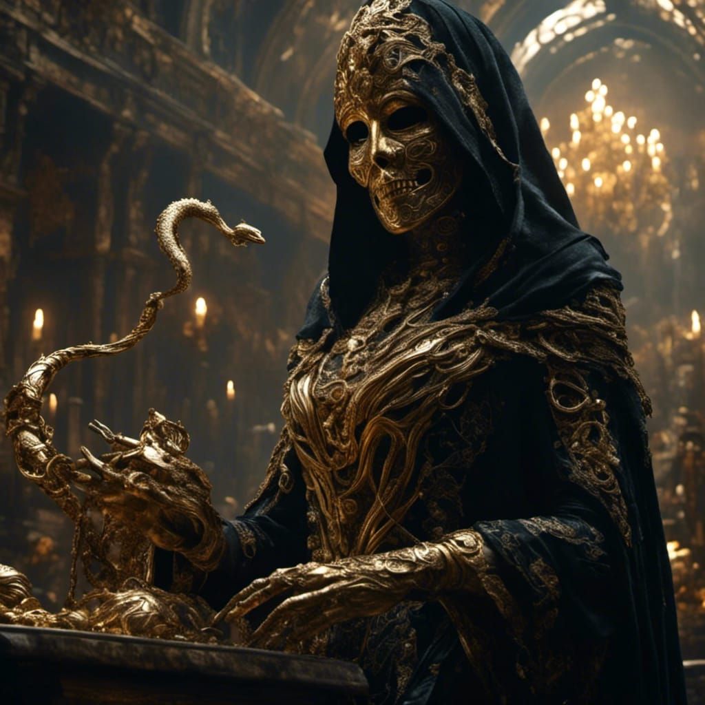 Priestess Worshipping Serpent Statue in Dark Fantasy Style