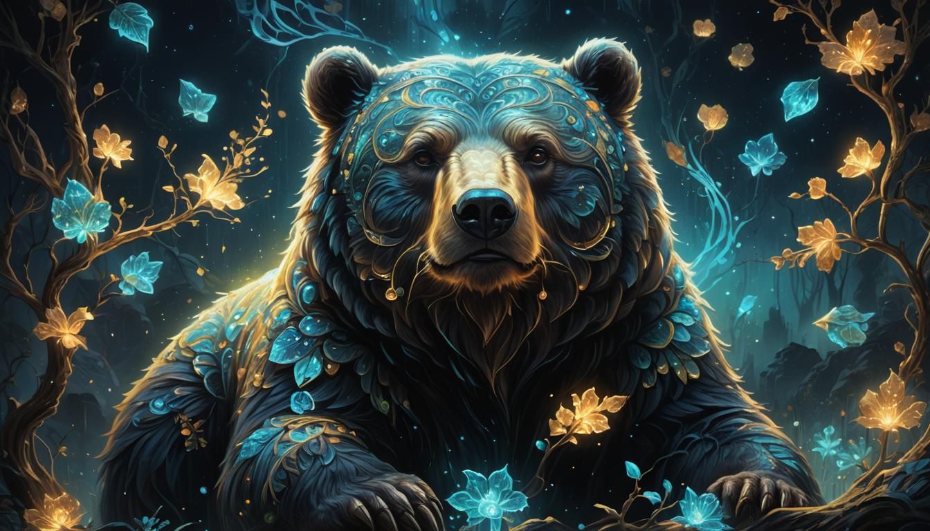 Bioluminescent Fantasy Bear in the Dark: Oil Painting