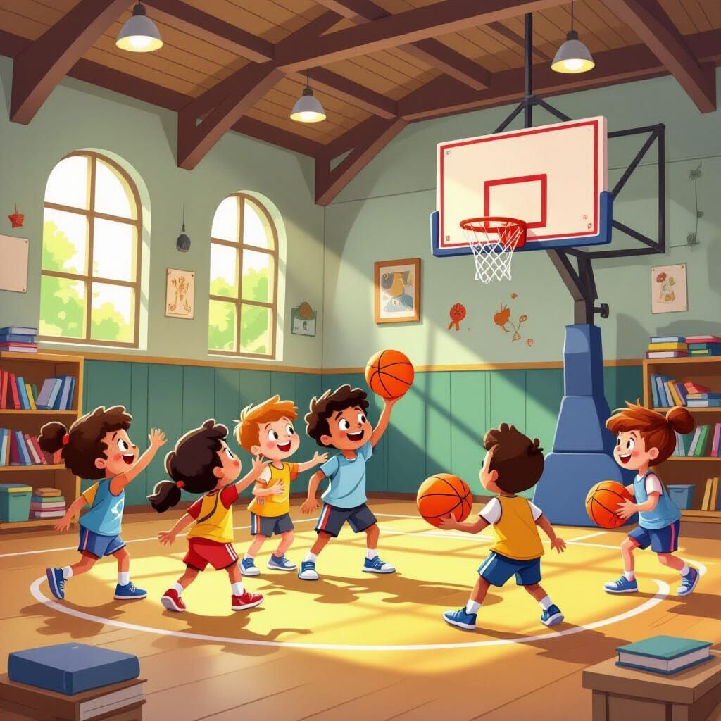 Kids Playing Basketball in Storybook Style