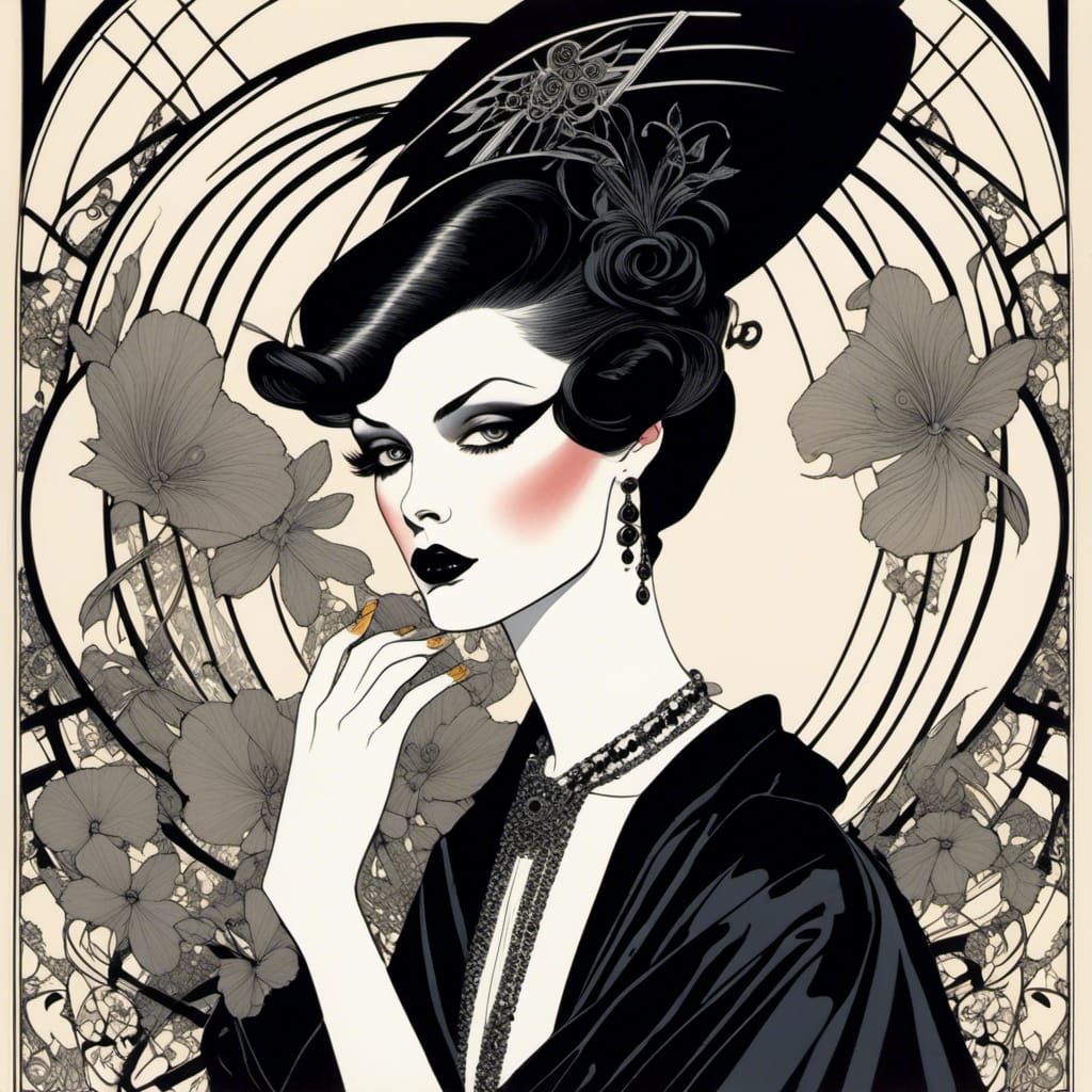 Elegant Goth Girl Portrait in Pen and Ink Style