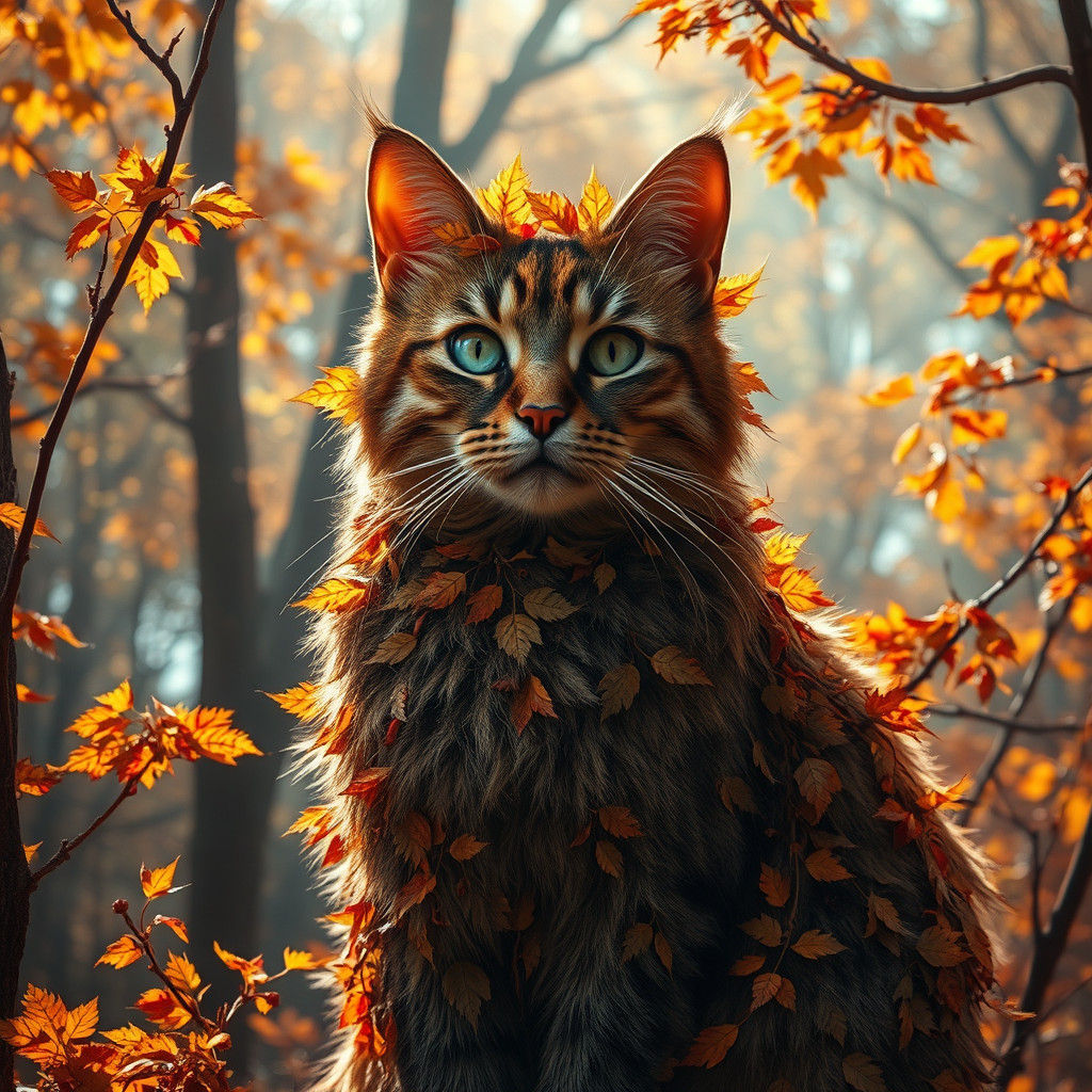Autumn Forest Cat: Hyperrealistic Fusion of Nature