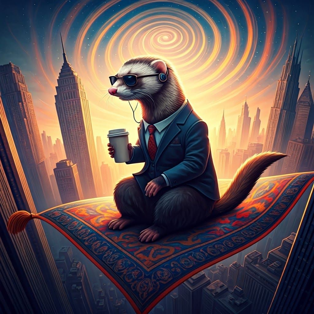 Ferret-Man on Magic Carpet Soaring Through Cityscape