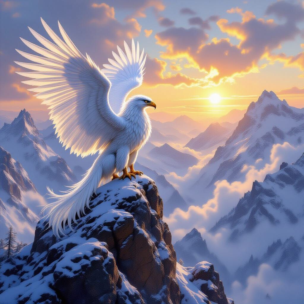 Griffin on Snow Mountain Peak in Dramatic Lighting