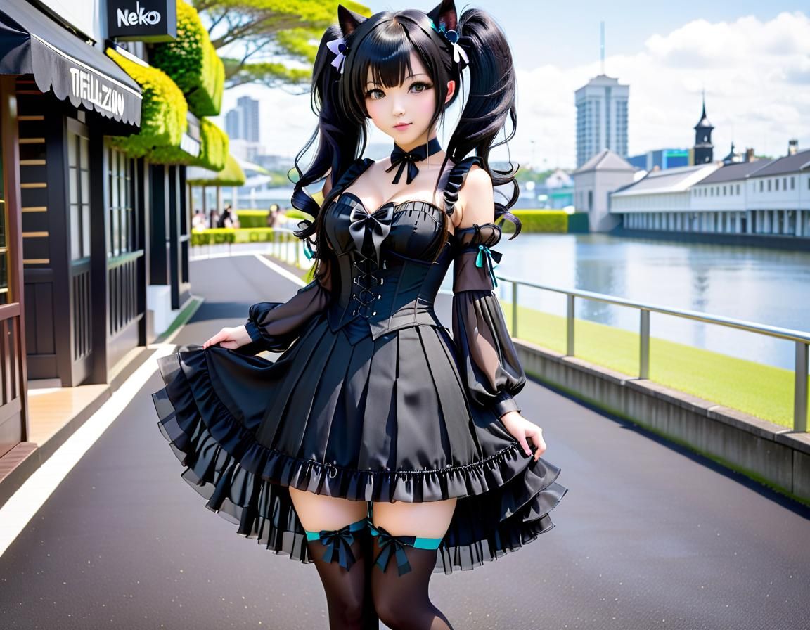 Anime Catgirl in Gothic Dress with Parasol