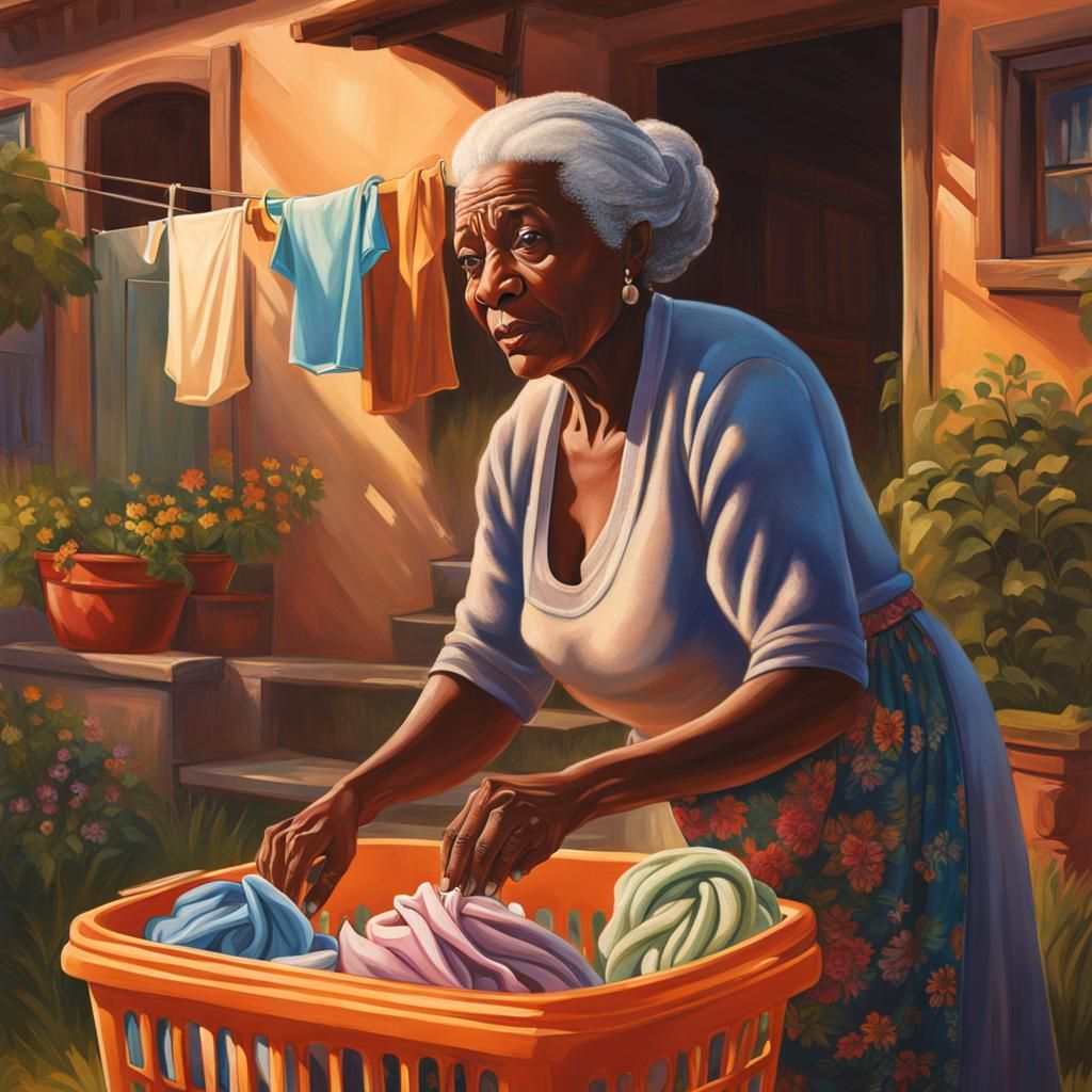 Renaissance Hyperrealistic: Elderly Woman's Summer Laundry