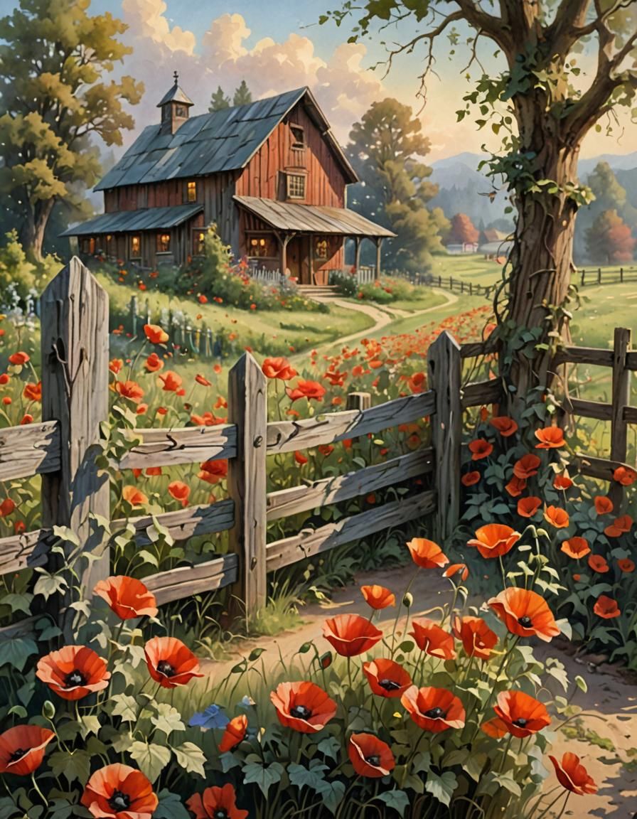 Poppy Field Through Ivy on Weathered Fence