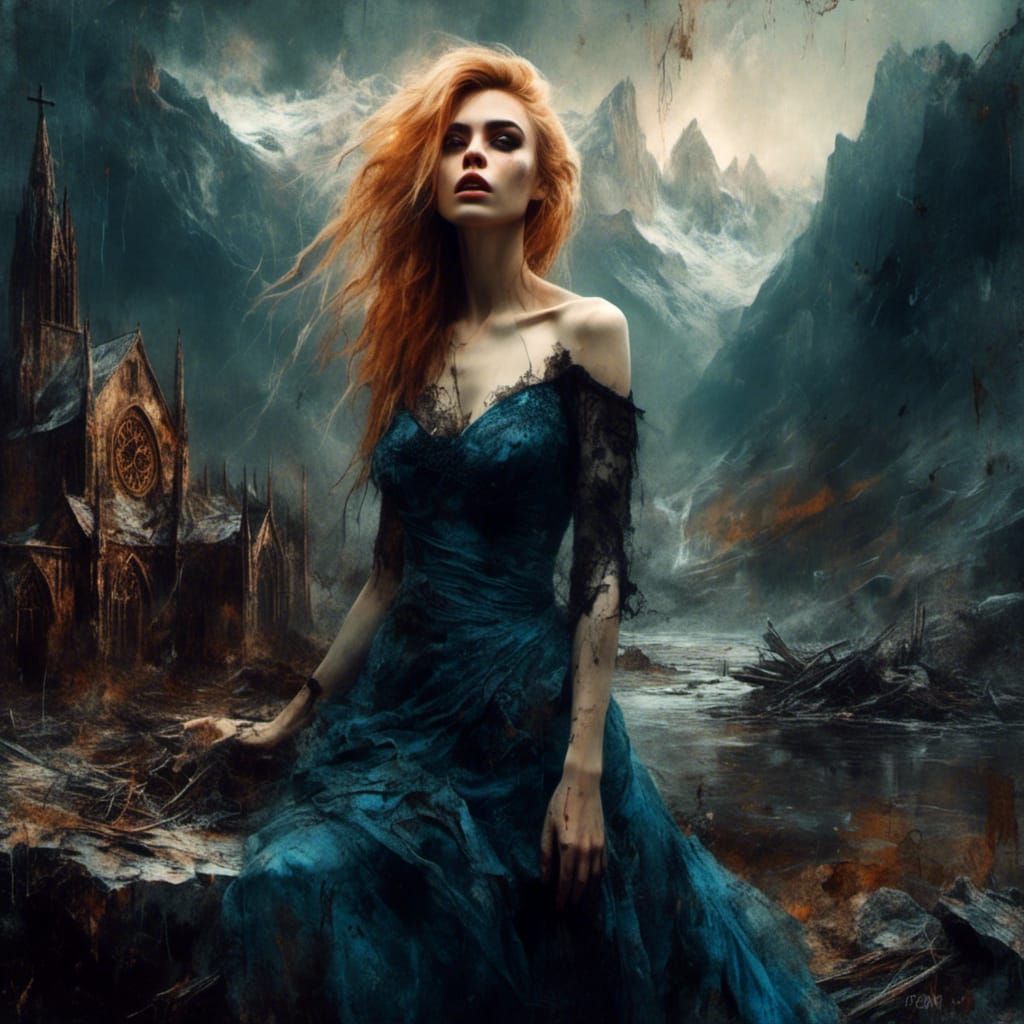Beautiful Gothic Woman in Horror Scenery