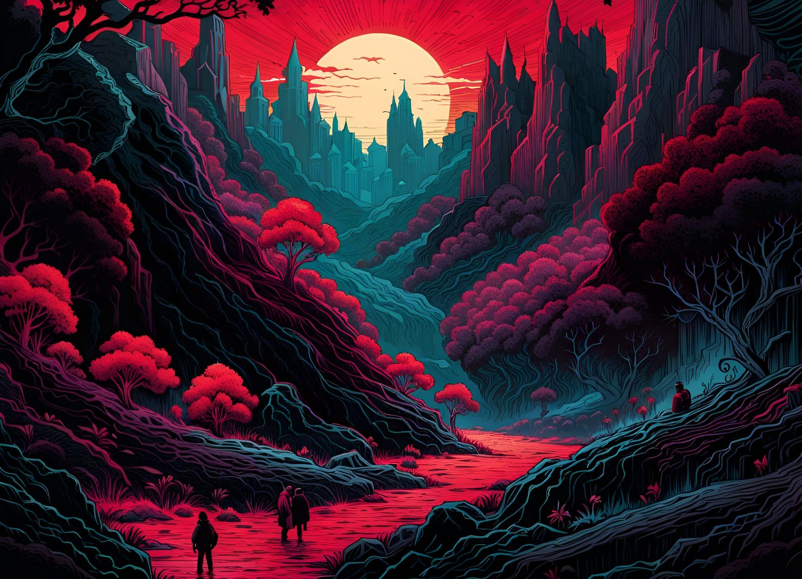 Surreal Crimson Landscape in Comic Book Art Style