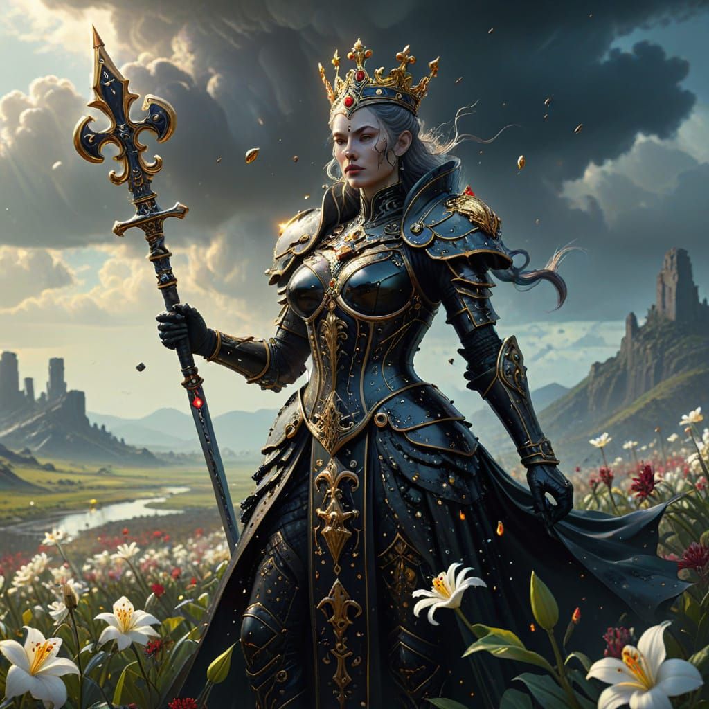 Queen of Clubs in Armor with Sword - Digital Painting