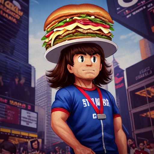 Surreal 1970's Gym Coach in Times Square with Sandwich