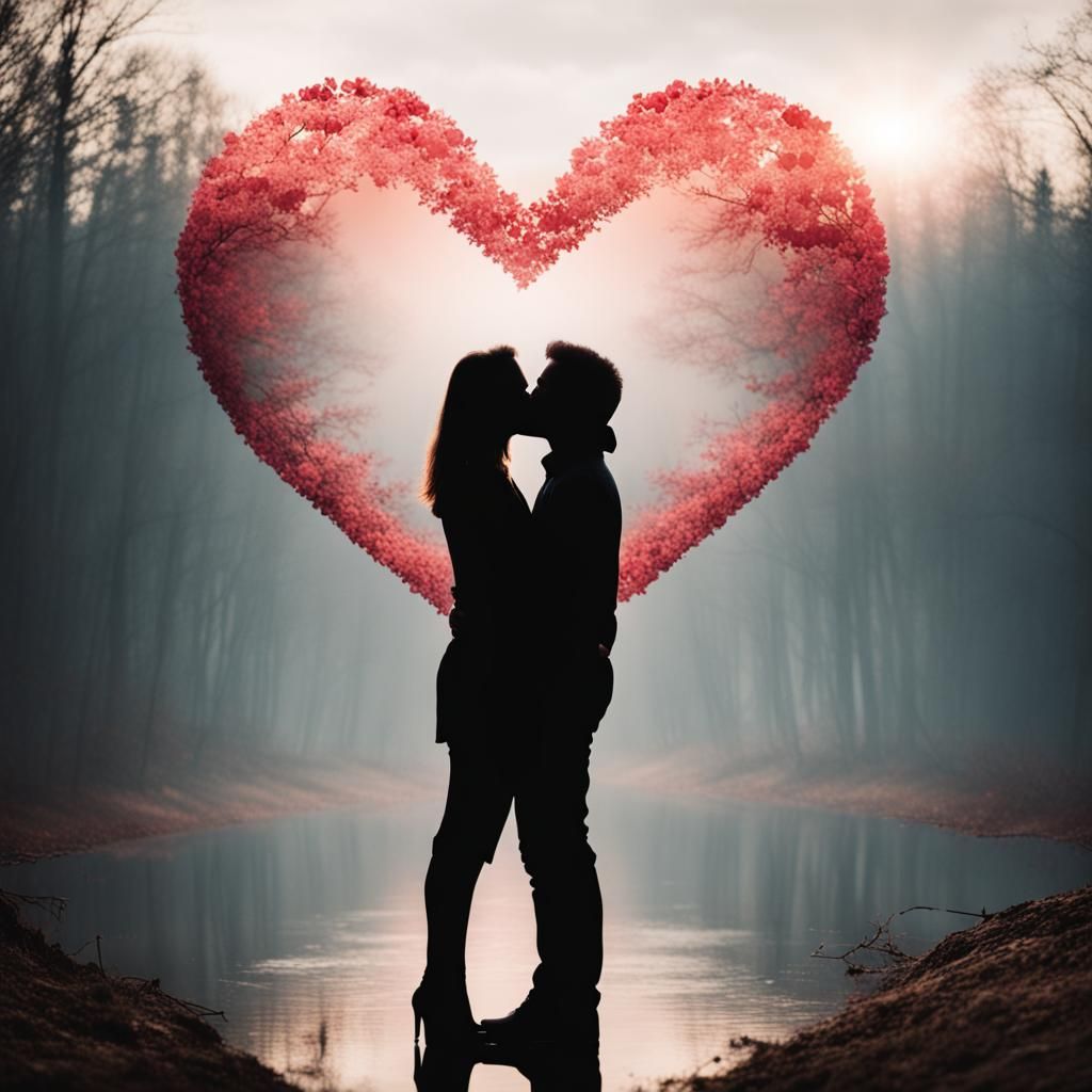 Romantic Double Exposure: Couple Kissing with Heart