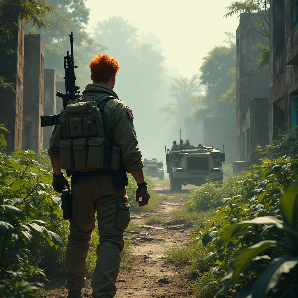 Hyperrealistic Soldier in Jungle Ruins