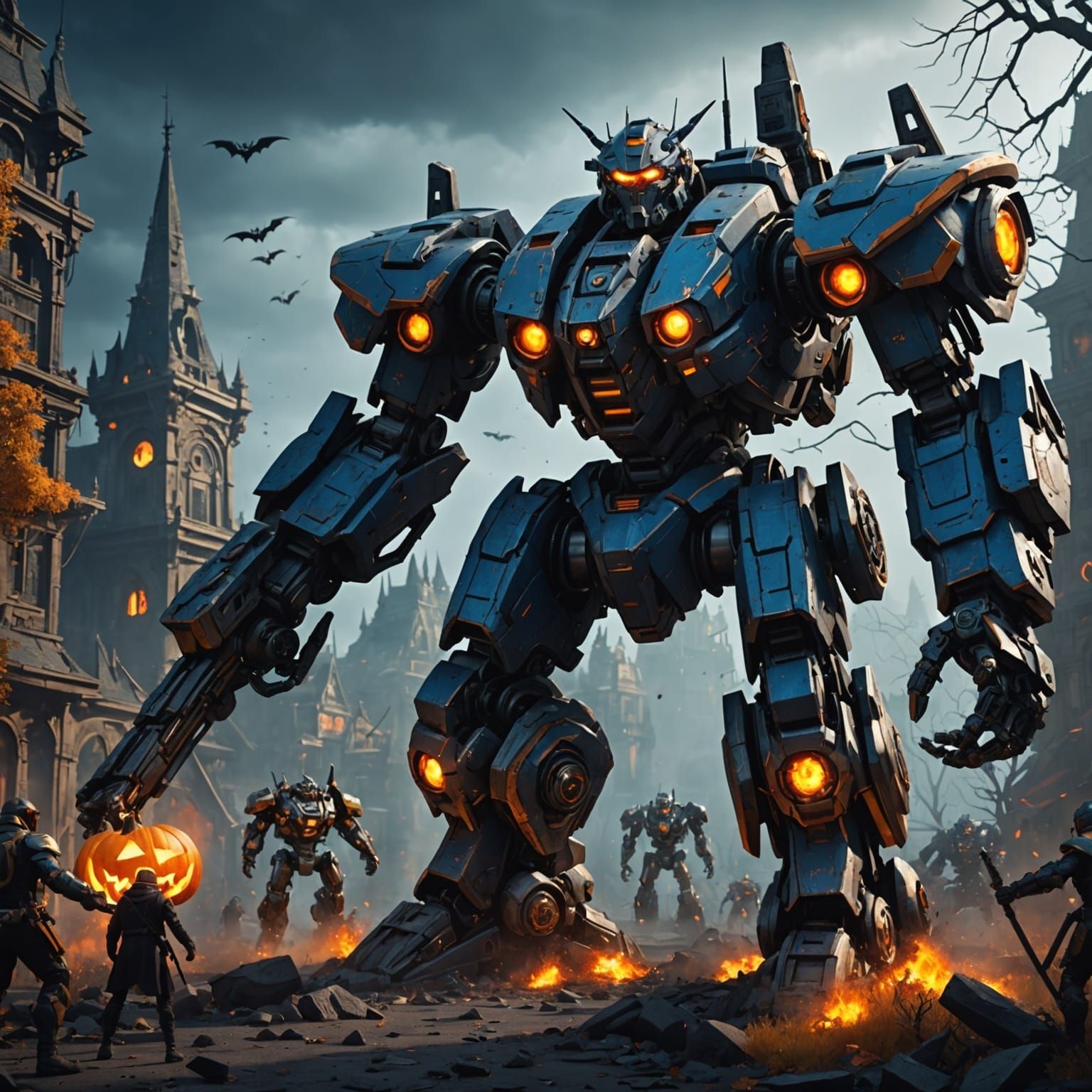 Halloween Mecha Battle in Detailed Matte Painting Style