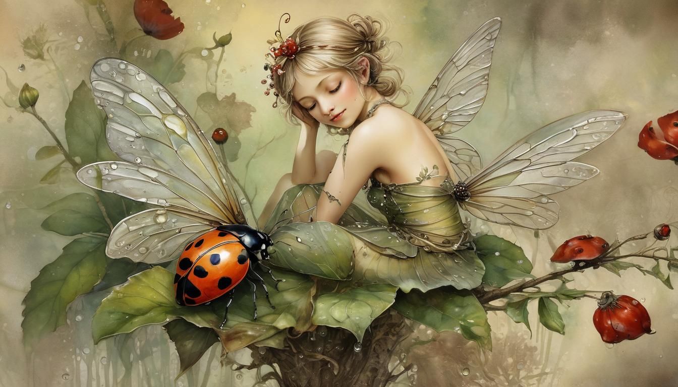 Gentle Fairy Adorns a Dewy Ladybug: Macro Illustration