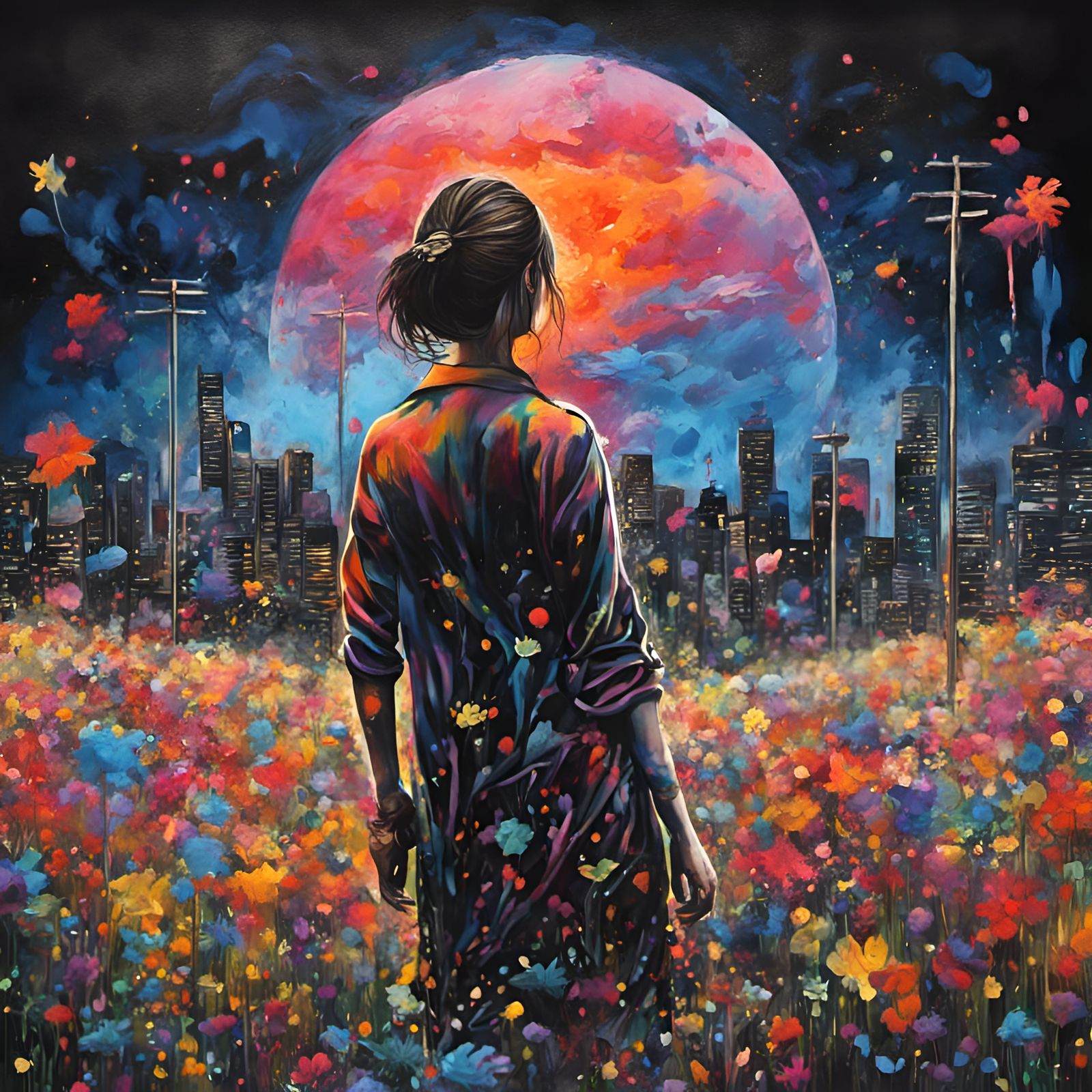 Sad Graffiti Woman in Flower Field at Night