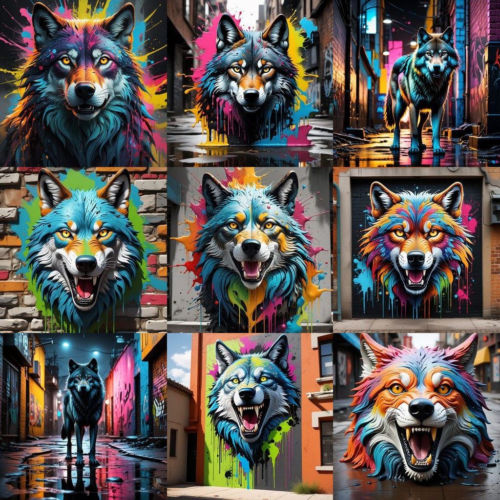 Vibrant Urban Wolf in High Contrast Graffiti Style