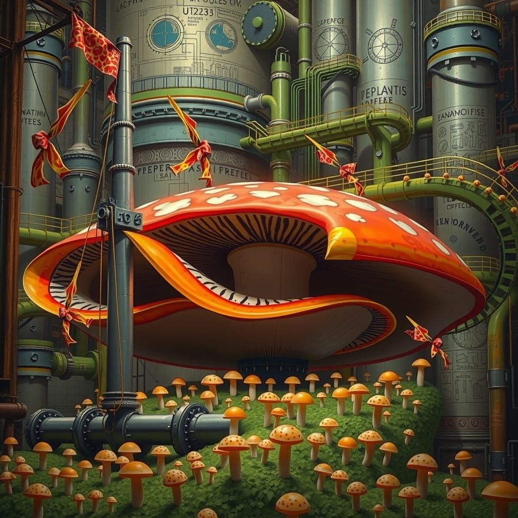Colossal Mushroom Sculpture in Industrial Dreamscape
