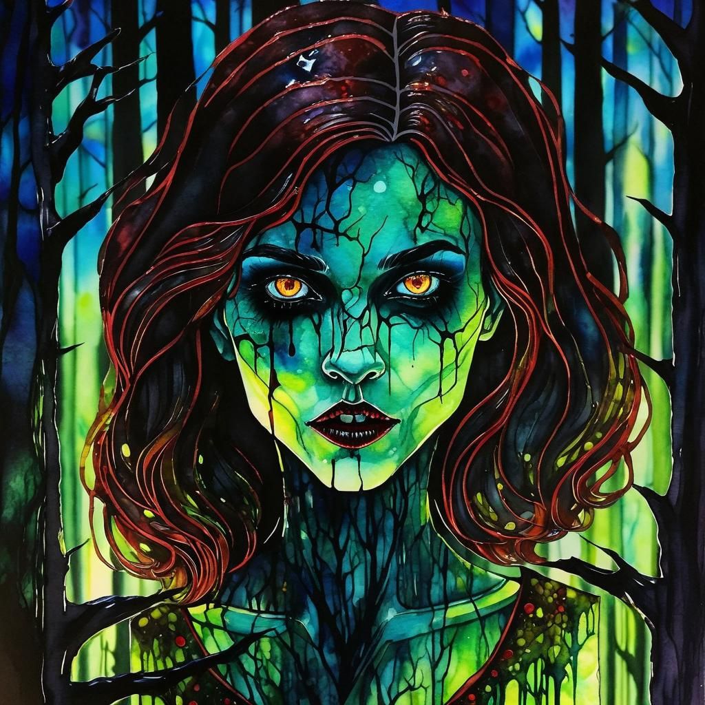Vampire in Glowing Forest, Alcohol Ink Horror