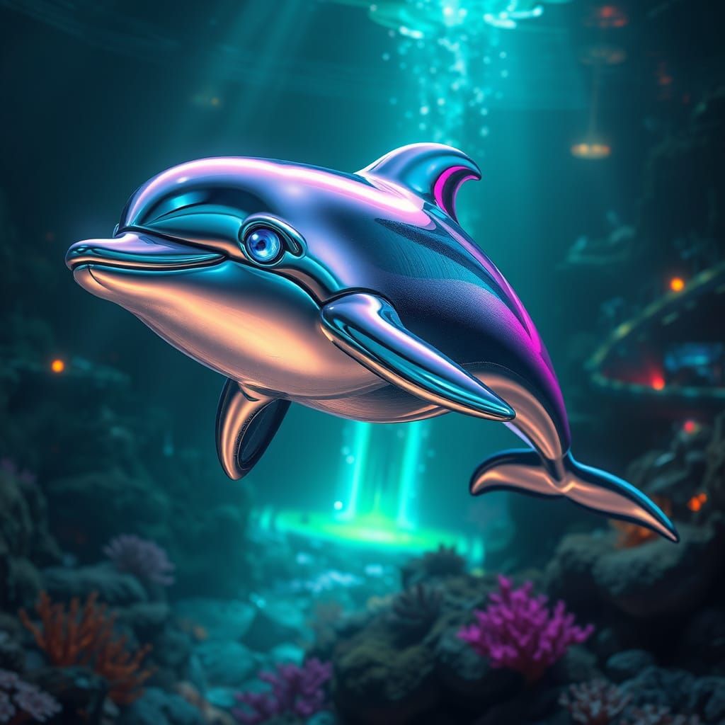 Liquid Metal Dolphin in Cyberpunk Underwater City
