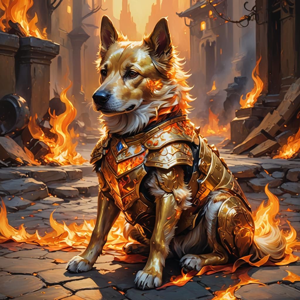 Fiery Golden Armored Dog: Fantasy Concept Art