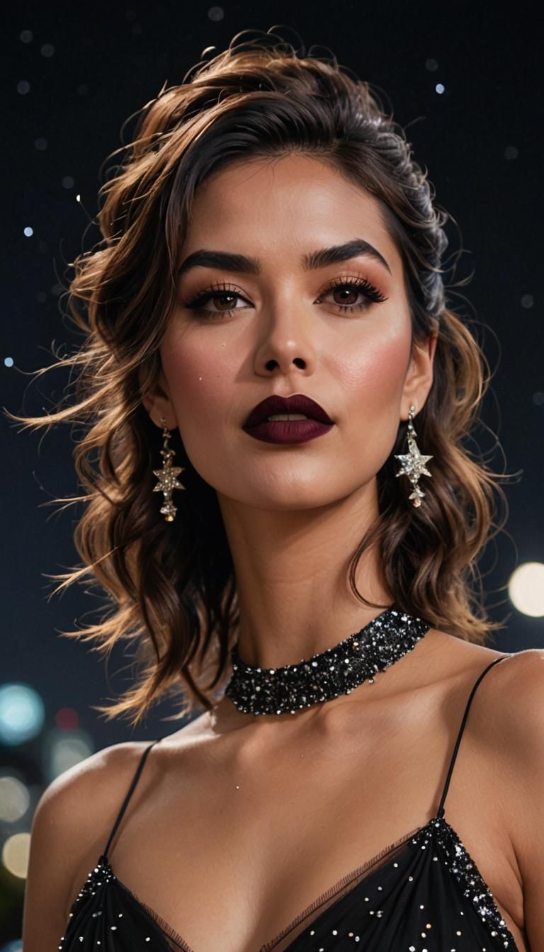 Beautiful Woman with Stars in Night Sky