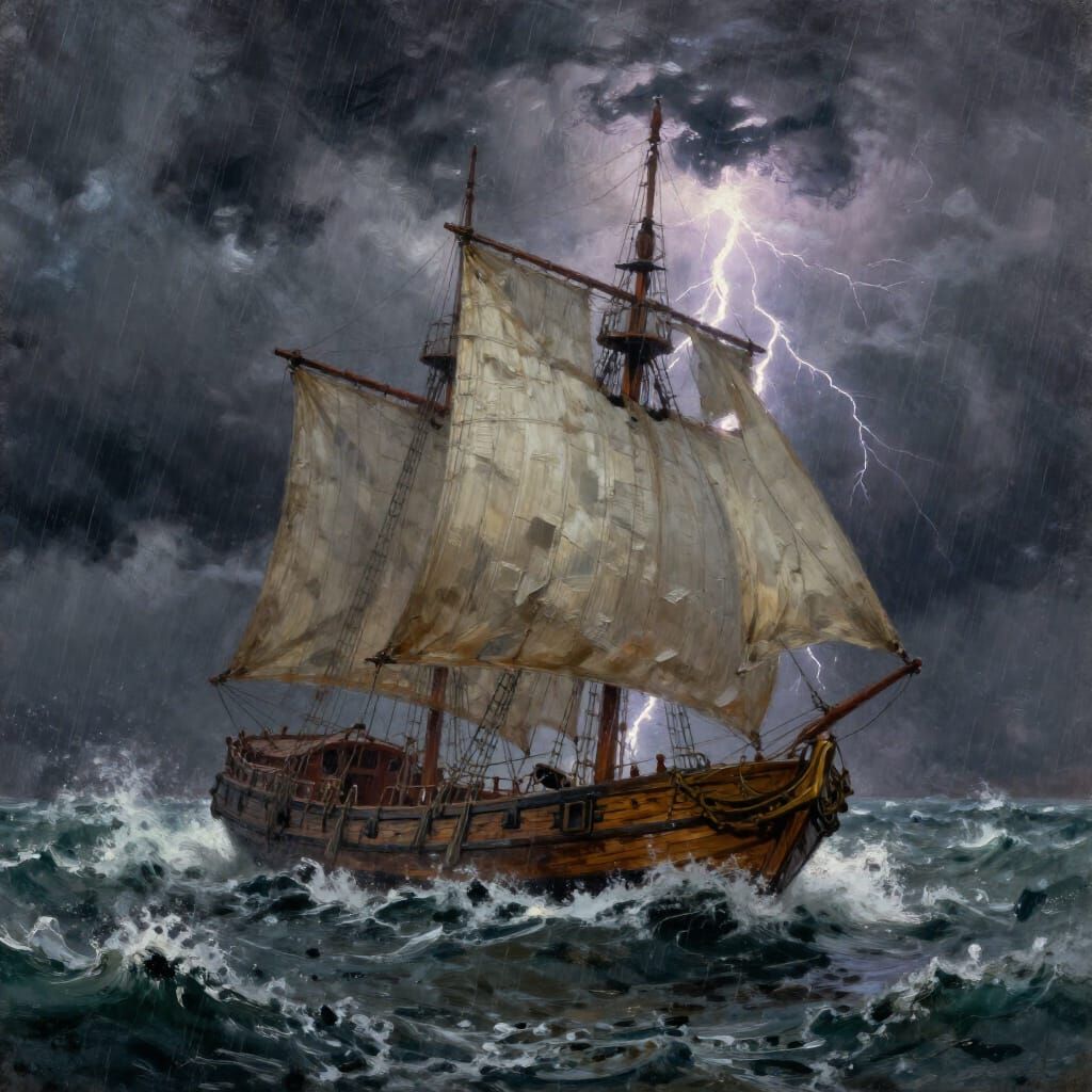 Sailboat Battles Stormy Seas in Dramatic Oil Painting