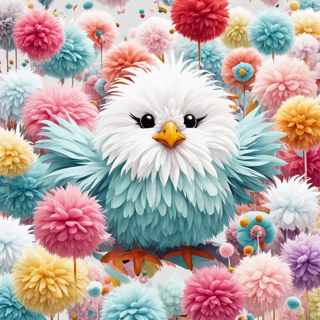 Pastel Pom Pom Bird in Playful Contemporary Style