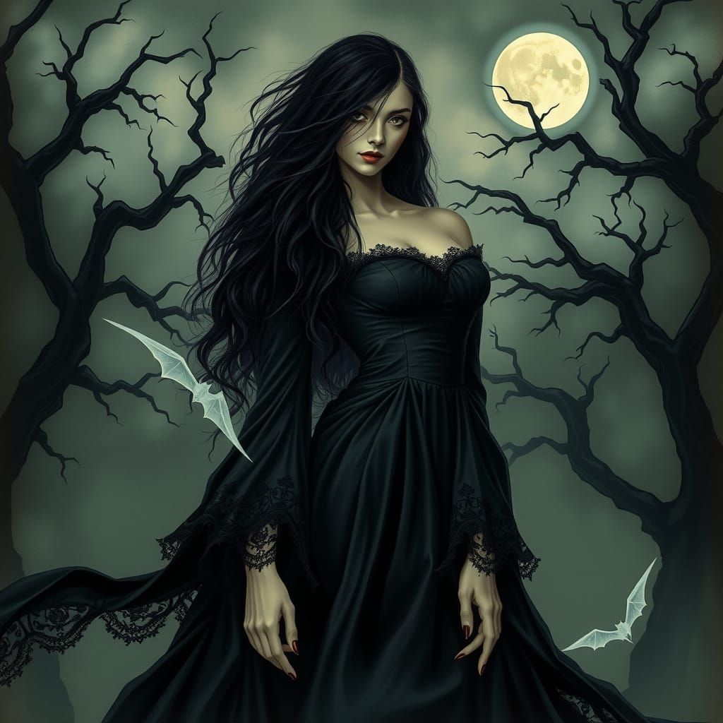 Mysterious Victorian Woman in Dark, Dreamlike Landscape