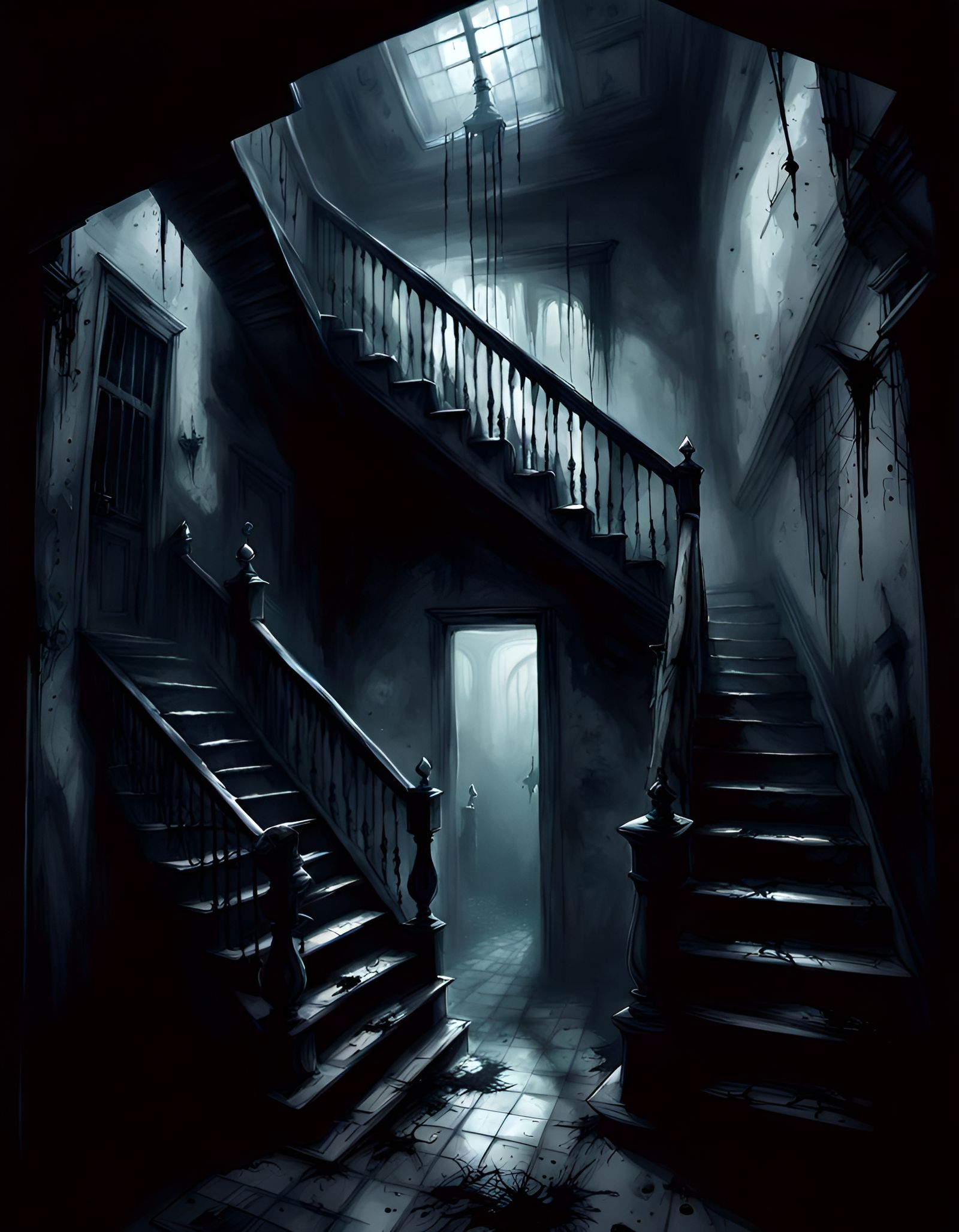 Sinister Haunted House Stairwell in Digital Illustration Sty...