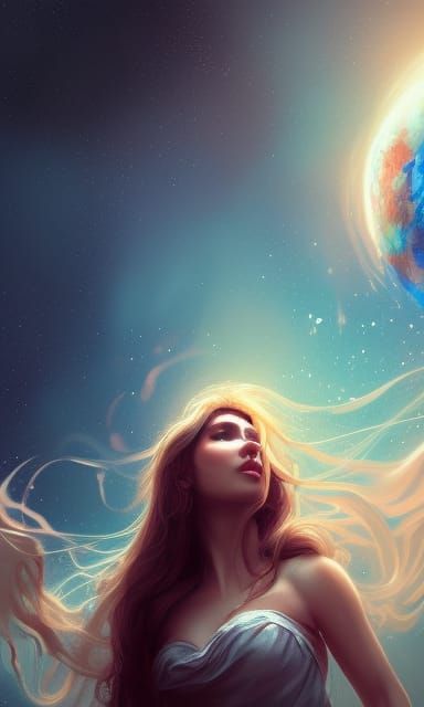 Woman with Milky Way Hair Holding Luminous Space Ball