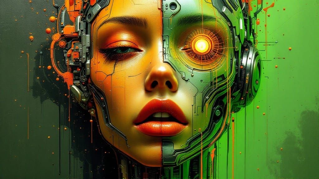 Cyborg Beauty in Dreamlike Oil Painting