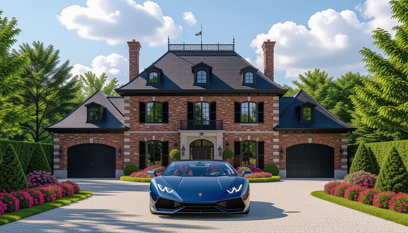 Victorian Chateau with Lamborghini in Vibrant Garden