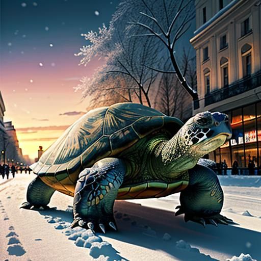 Turtle in Snow on Champs Elysees at Sunset