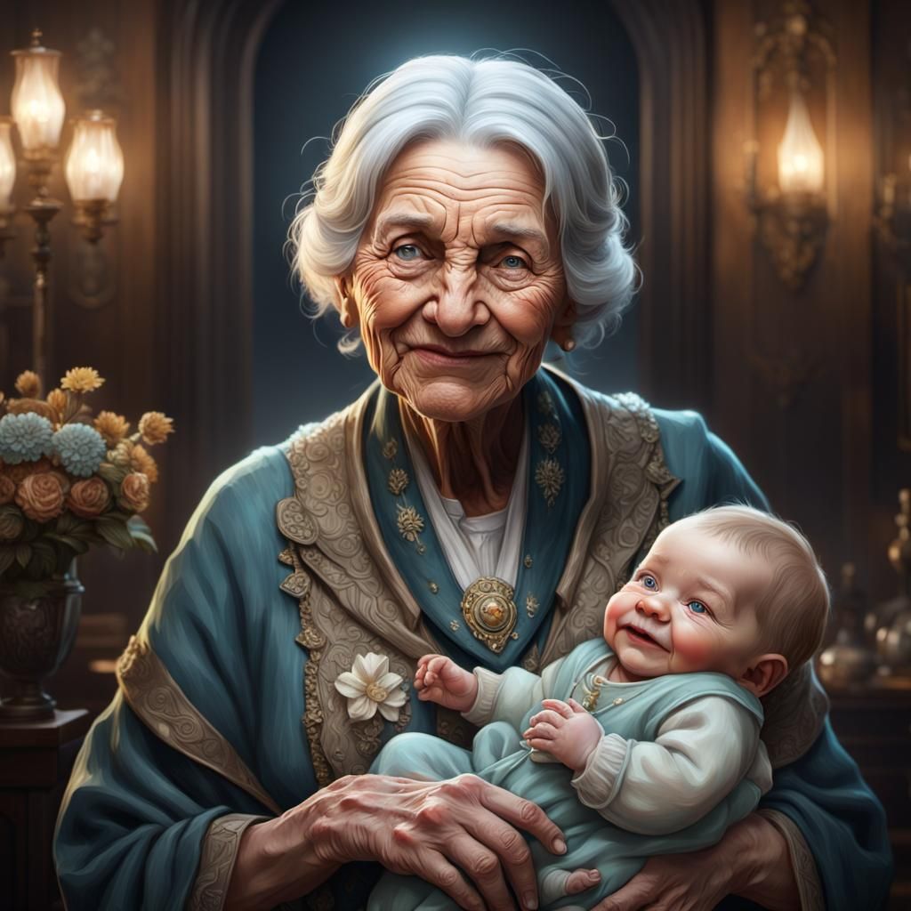 Touching Portrait of Old Woman with Newborn Baby