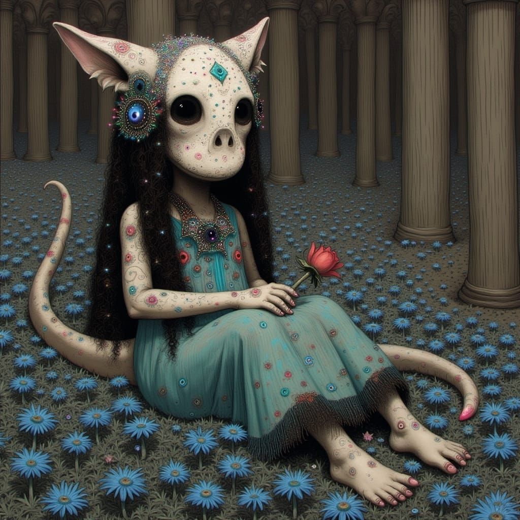 Majestic Dinosaur Cat in Gothic Bohemian Garden