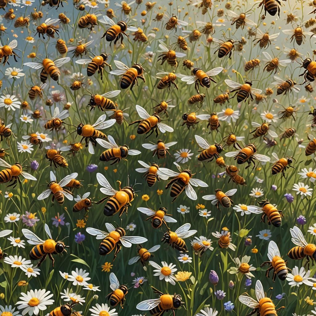 A huge swarm  of bees flies over a flowering meadow