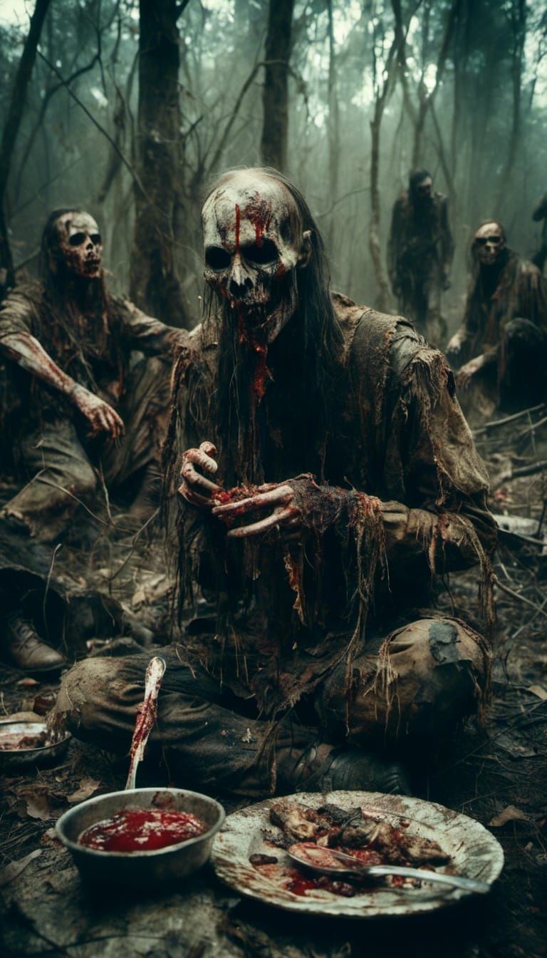 Cannibal Tribe Feast in Macabre Forest Setting