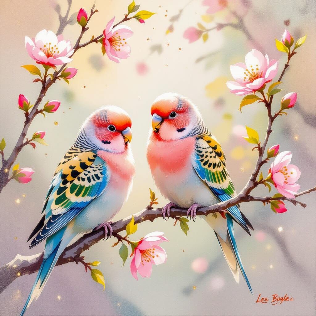 Impressionist Budgies in Spring Colors