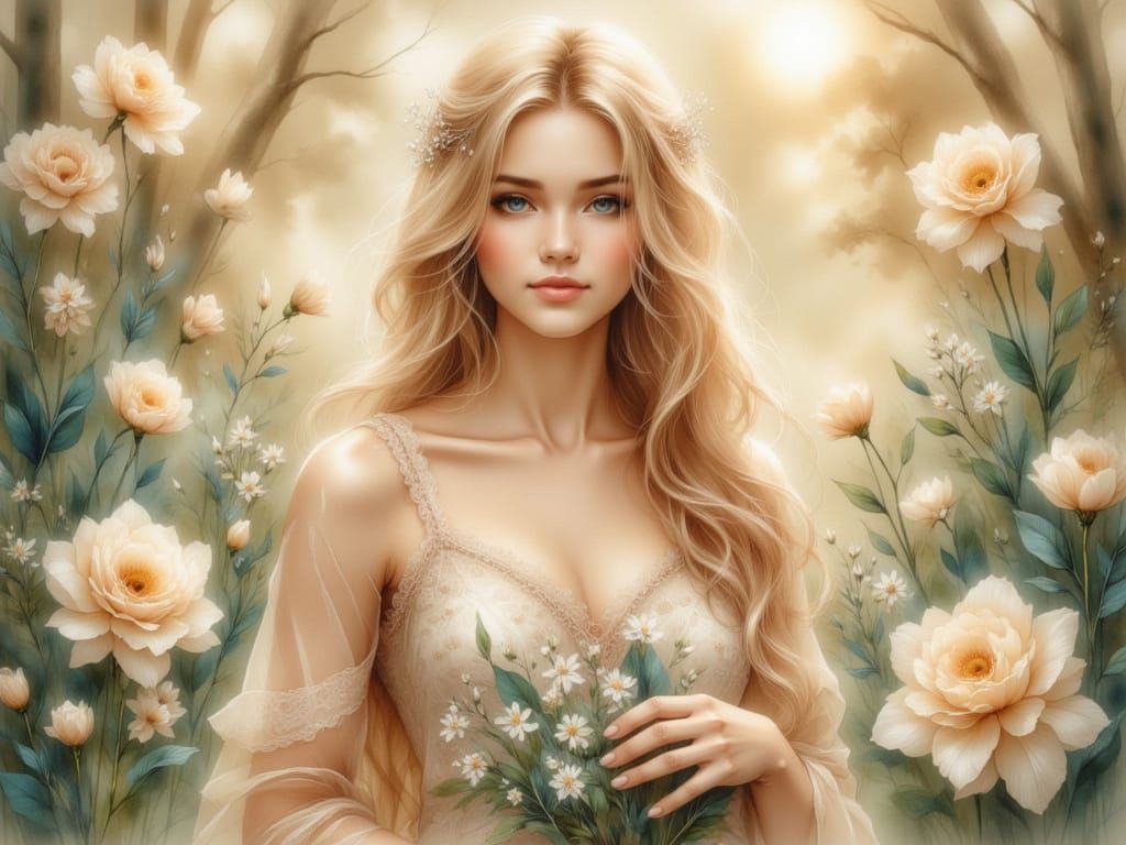 Beautiful Bimbo Blonde Girl Holding Snowdrops