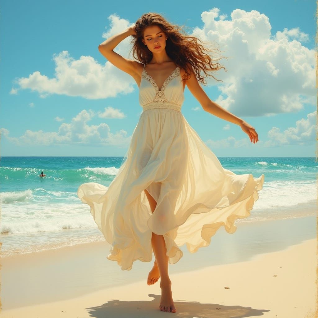 Brunette Woman Dancing on Beach, in Art Nouveau Style
