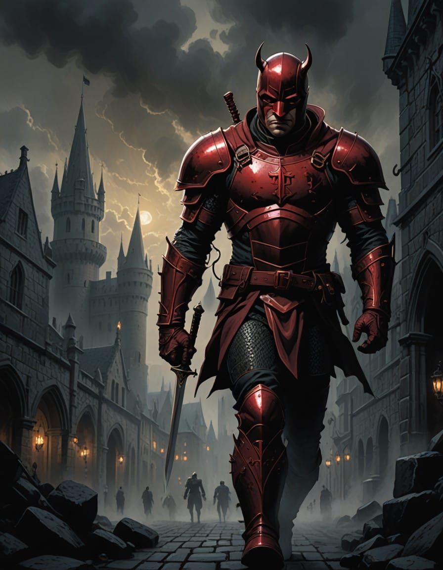 Medieval Knight in Dark Castle Courtyard