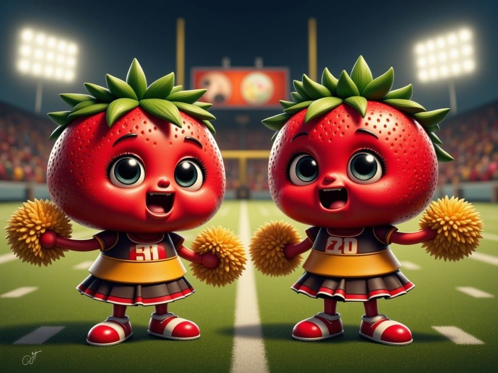 Whimsical Strawberry Cheerleaders in Cute Nighttime Football...