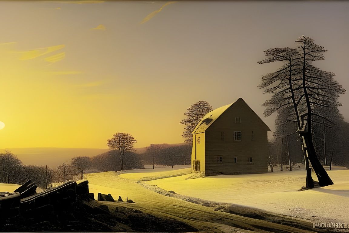 Snowy Winter Cabin Landscape in Romantic Style