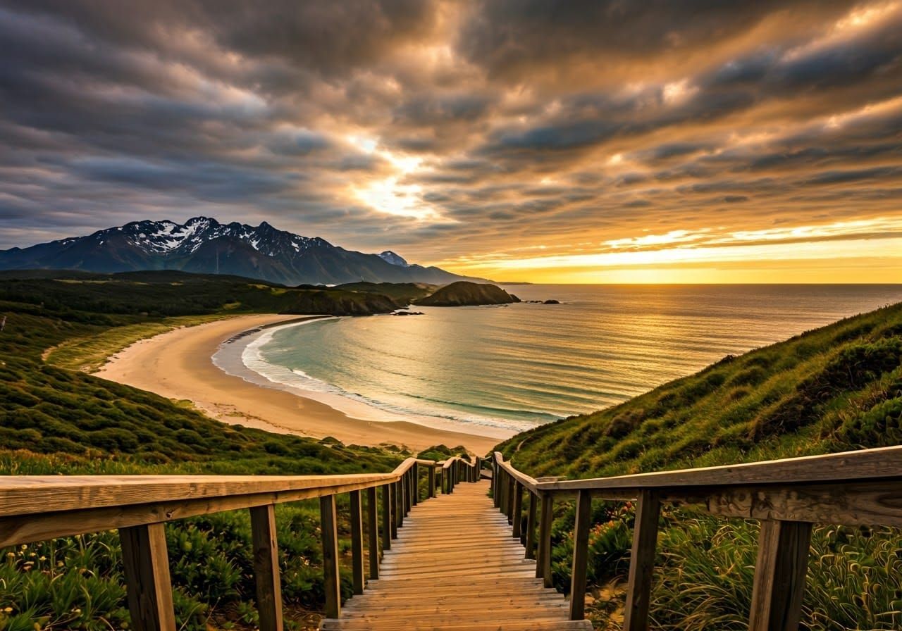 Sweeping Golden Shoreline at Sunset: Landscape Painting