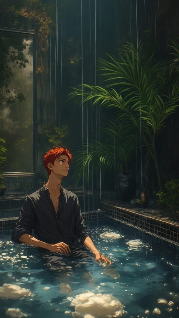 Rain Soaked Man in Hot Spring