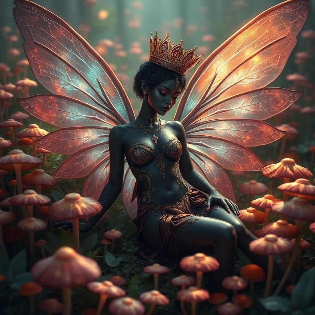 Faerie Monarch in Mushroom Field, Dreamlike Art